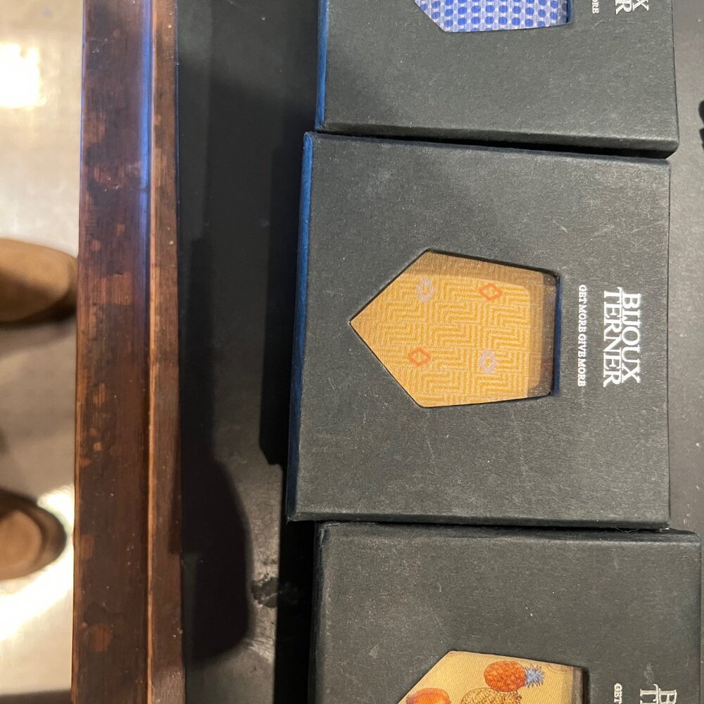 BUOUX TERNER SILK TIES; 3 BOXES, EACH REDUCED PRICE $ 15 EACH. BLUE , 2 CAMEL-